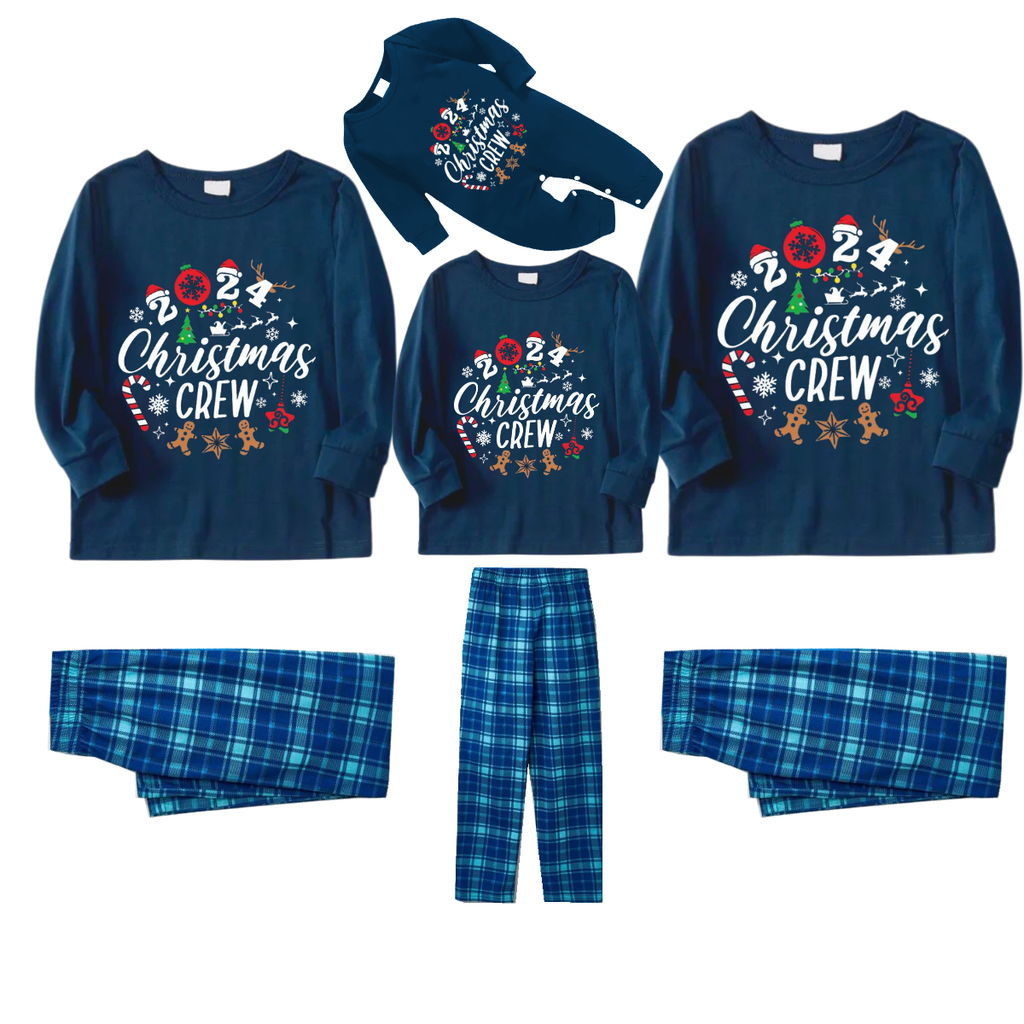 2025 Christmas Crew Making Memories Together Text Print Blue Long Sleeve Top With Blue Plaid Family Matching Pajamas