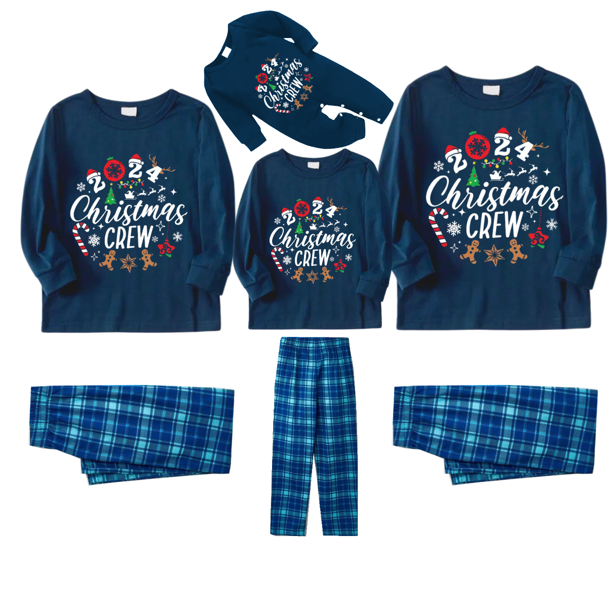 2025 Christmas Crew Making Memories Together Text Print Blue Long Sleeve Top With Blue Plaid Family Matching Pajamas