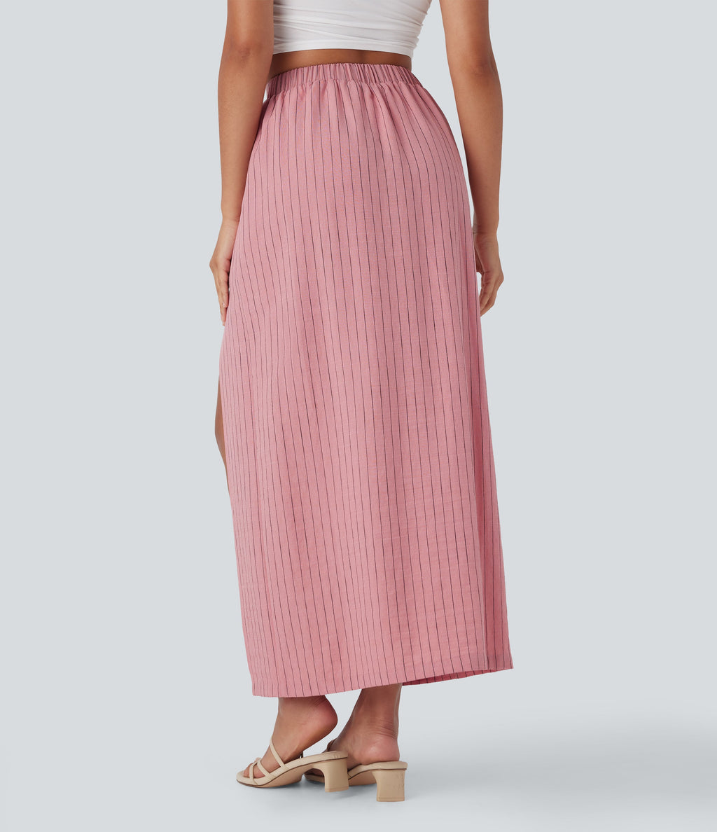 High Waisted Stripe Maxi Linen-Feel Skirt with Pockets