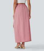 High Waisted Stripe Maxi Linen-Feel Skirt with Pockets