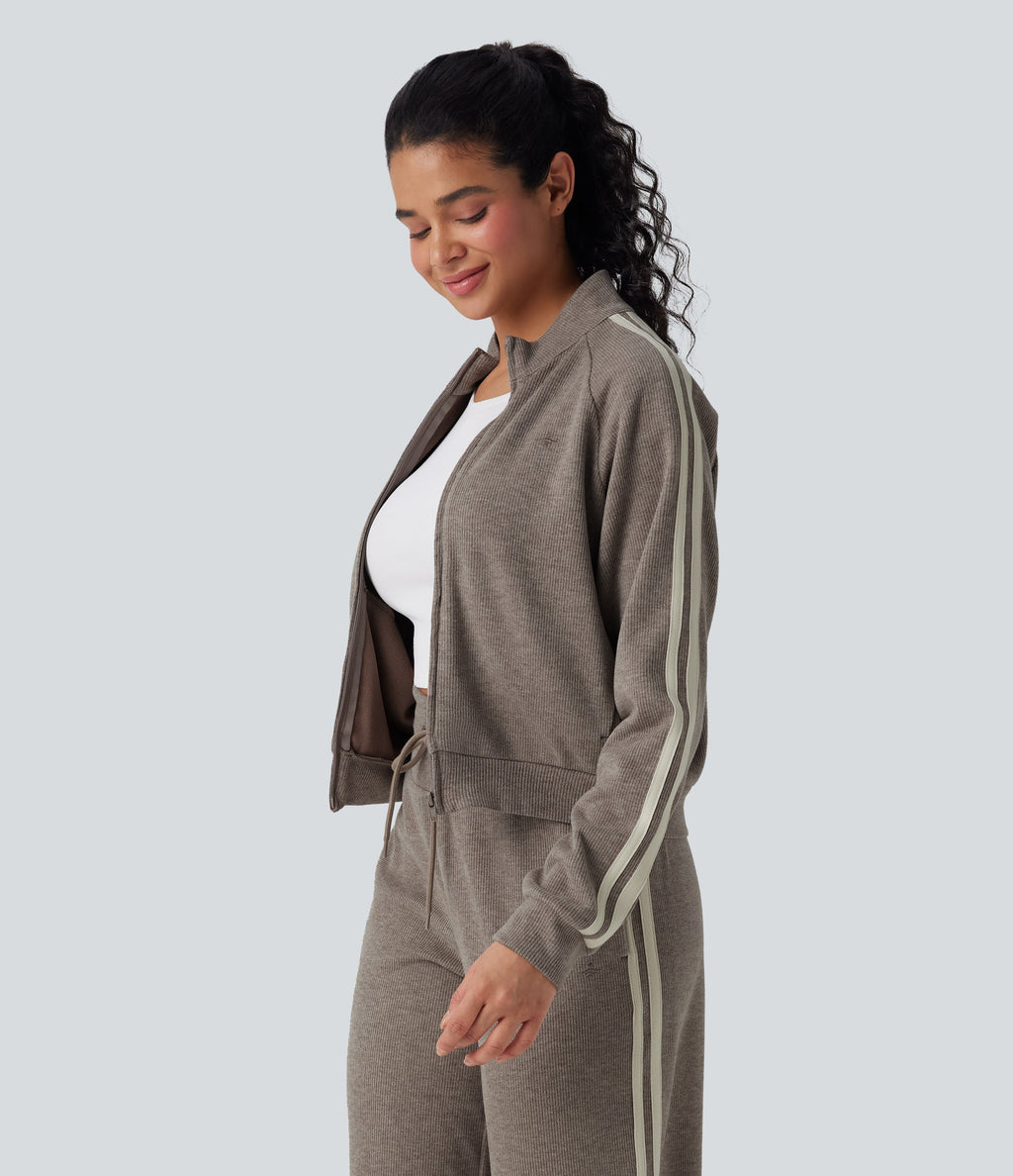 Ribbed Stand Collar Long Sleeve Zipper Color Block Casual Jacket with Pockets