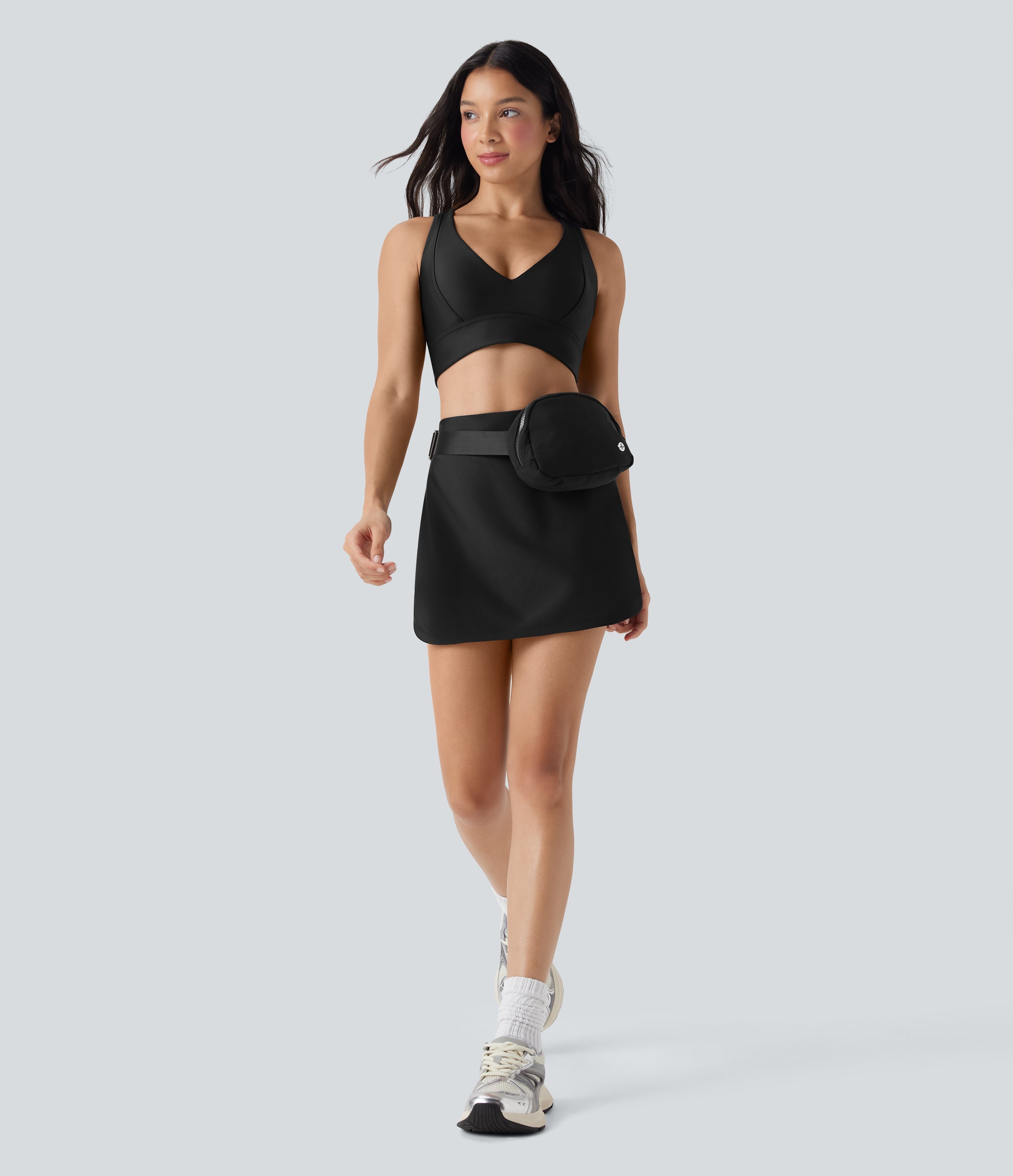 SoCinched High Waisted Tummy Control Butt Lifting Curved Hem 2-in-1 Sheen Yoga Skirt with Pockets