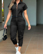 Turn-down Collar Short Sleeve Zipper Front Cuffed Short Jumpsuit Casual Pocket Design Cargo Romper with Belt