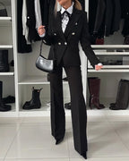 2 Pieces Outfit Notched Collar Double-Breasted Flap Detail Coat and Zipper Fly Elastic Back Waist Slim Fit Flared Pants Set Casual Blazer Set