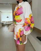 2 Pieces Outfit Stand Collar Lantern Sleeve Button Front Top and High Waist Elastic Waist Shorts Set Casual Watercolor Floral Placement Print Set with Belt & Lining