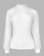 Pearls Decor Mock Neck Sheer Mesh Spliced Ruched Tee Hollow-out Back Slim Fit Textured Top