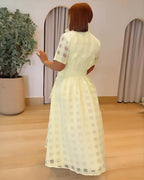 Turn-down Collar Plaid Mesh Double-Layered Cinched Waist Maxi Dress Button Down Bow Tie Waist Commuting Dress