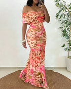 Women's Foldover Off Shoulder Mermaid Dress Ruched Bodycon Leopard Floral Maxi Dress Sexy Tropical Vacation Dress