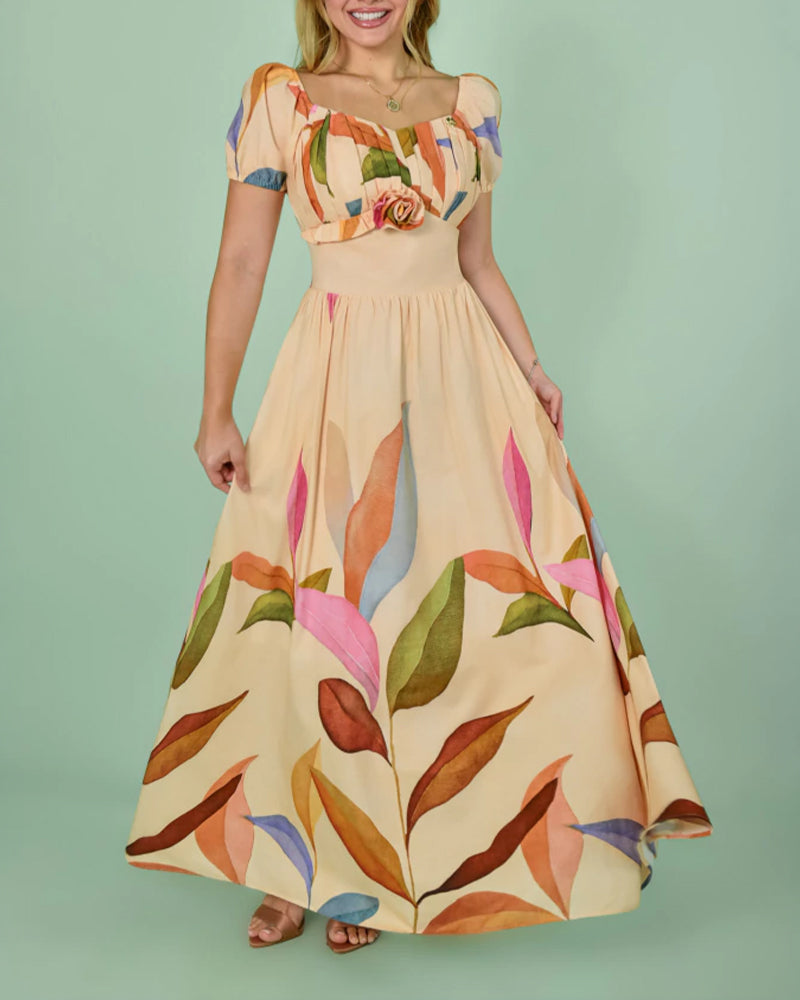 CHICME Women's Botanical Print Maxi Dress Vintage Puff Sleeve V-Neck A-Line Dress 3D Flower Detail Shirred Back Vacation Dress with Pockets