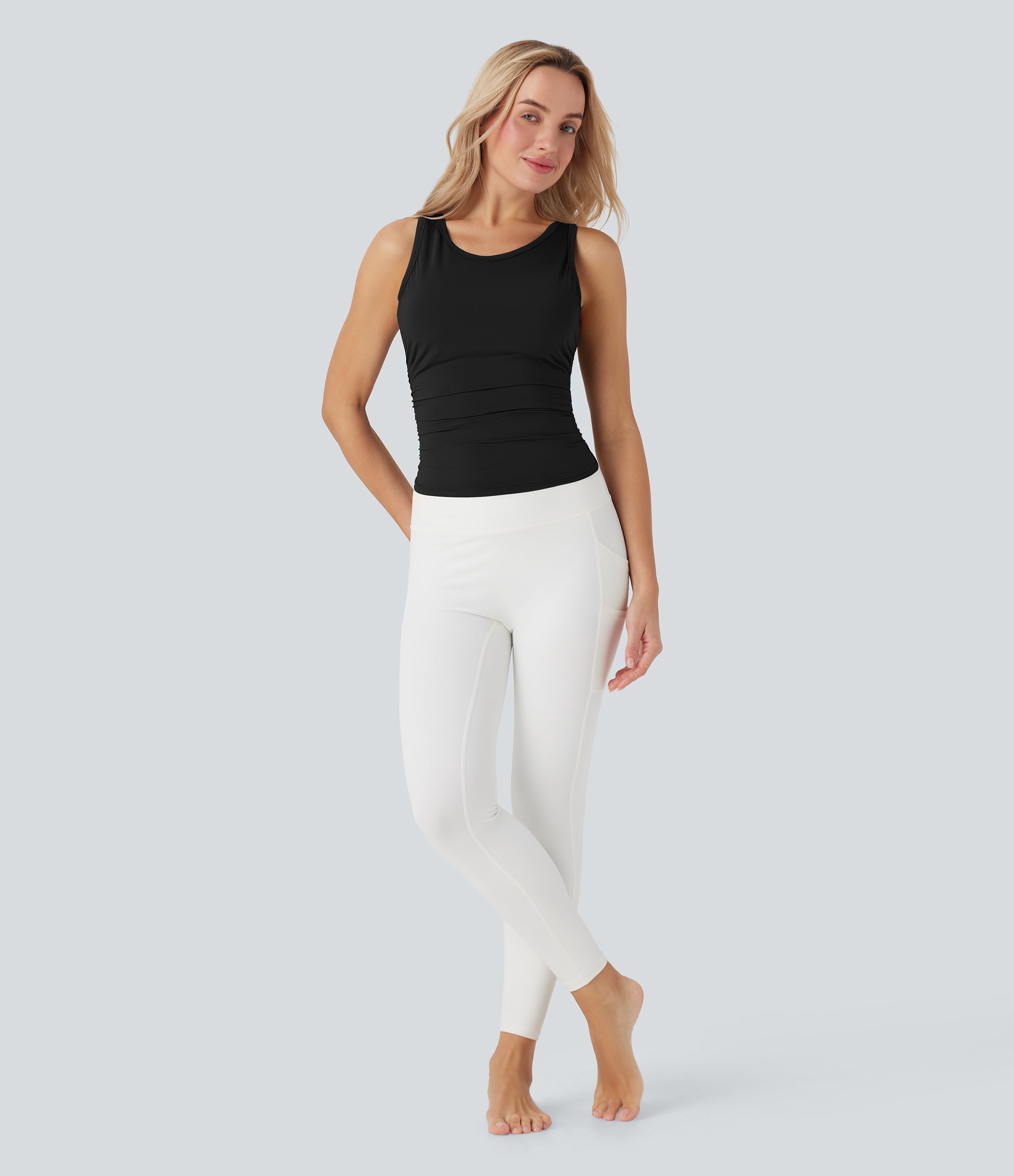 Round-Neck Racerback Ruched Built-in Bra Cool Touch Yoga Tank Top