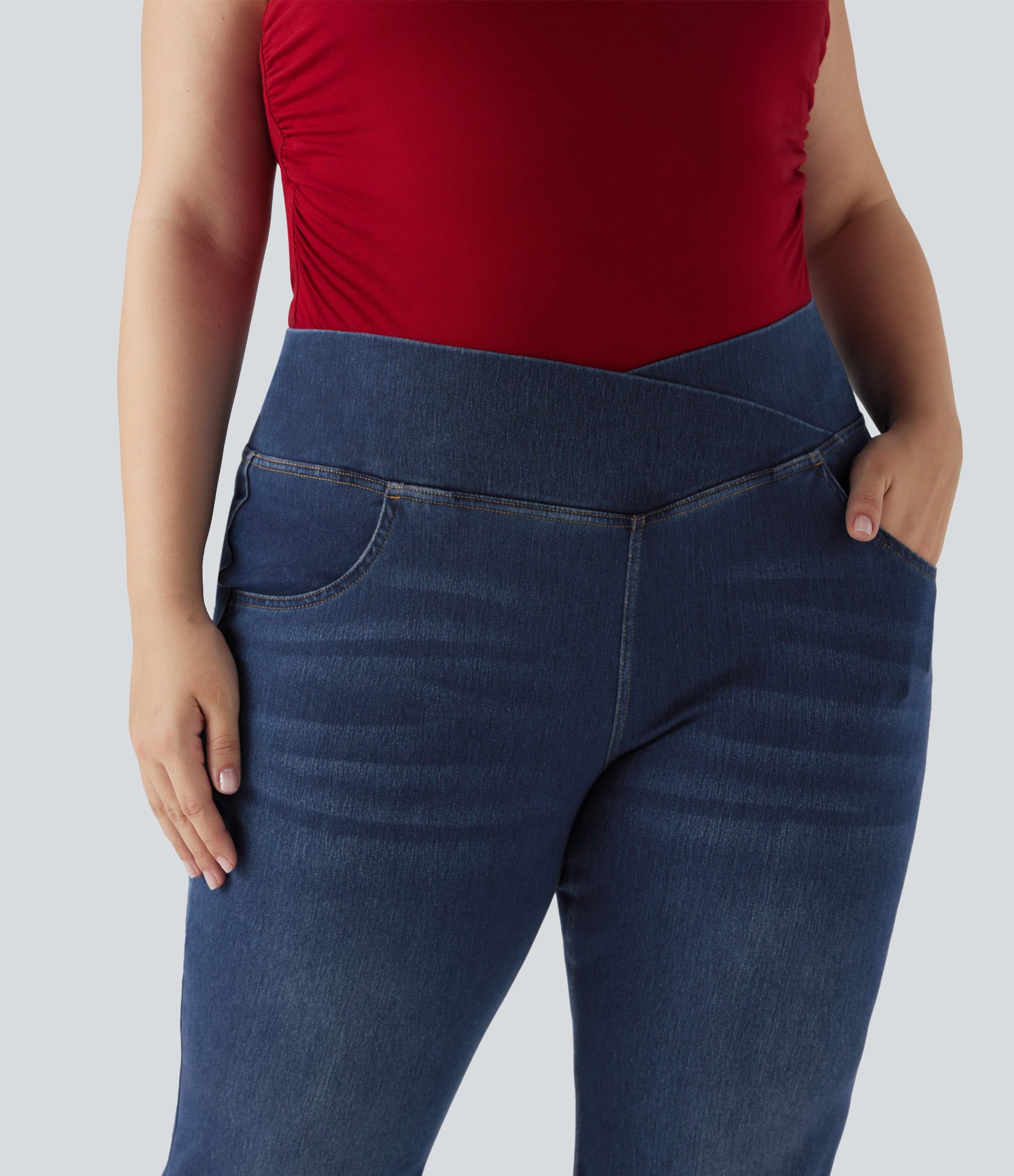 Plus Size FlexTM High Waisted Crossover Washed Casual Flare Jeans with Pockets