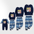 Joyful Blue Christmas Pajamas Set With Christmas Cartoon Pattern Print