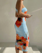 Women's One Shoulder Floral Mesh Midi Dress Ruched Cut Out Bodycon Dress Sleeveless Cocktail Dress