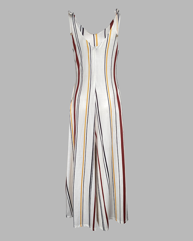 Striped V Neck Sleeveless Zipper Back Overalls Casual Shoulder Tied Wide Leg Jumpsuit With Pockets