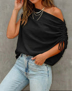 Skew Neck Drawstring Sleeve Loose Fit Casual Top