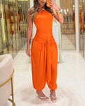 Women's Gold Decor Halter Tie Jumpsuit Sexy Backless Ruched Lantern Overalls Casual Vacation Jumpsuit