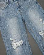 Women's Rhinestone Flare Jeans High Waisted Distressed Ripped Jeans Y2K Retro Streetwear Denim Pants