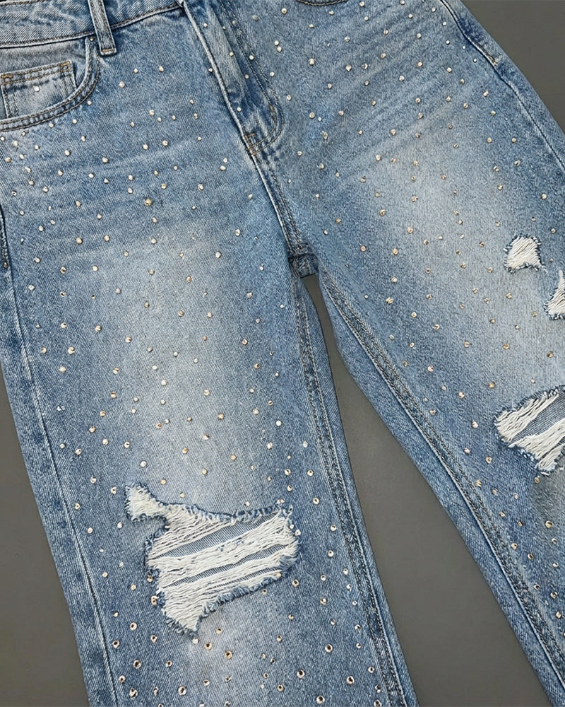 Women's Rhinestone Flare Jeans High Waisted Distressed Ripped Jeans Y2K Retro Streetwear Denim Pants