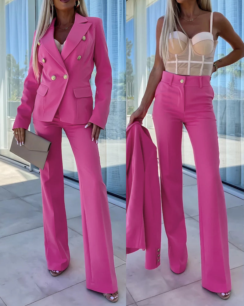 2 Pieces Outfit Notched Collar Double-Breasted Flap Detail Coat and Zipper Fly Elastic Back Waist Slim Fit Flared Pants Set Casual Blazer Set