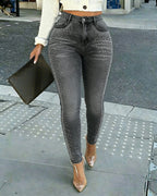 Rhinestone Decor High Waist Zipper Fly Skinny Jeans Washed Denim Pants without Belt