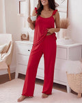 Women's 2 Piece Pajama Set Frill Trim Camisole Top and Wide Leg Pants Lounge Set Soft Sleepwear Outfits with Pockets