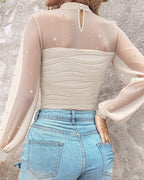 Pearls Decor Mock Neck Sheer Mesh Spliced Ruched Tee Hollow-out Back Slim Fit Textured Top