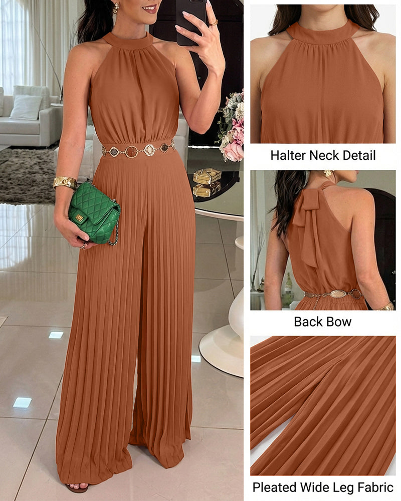 CHICME Women's Halter Tie Wide Leg Jumpsuit Pleated High Waist One-Piece Romper Elegant Sleeveless Evening Party Jumpsuit without Waist Chain