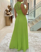Mock Neck Sleeveless high Waist Pleated Maxi Dress Elegant Lace & Braided Spliced Zipper Back Evening Dress with Belt
