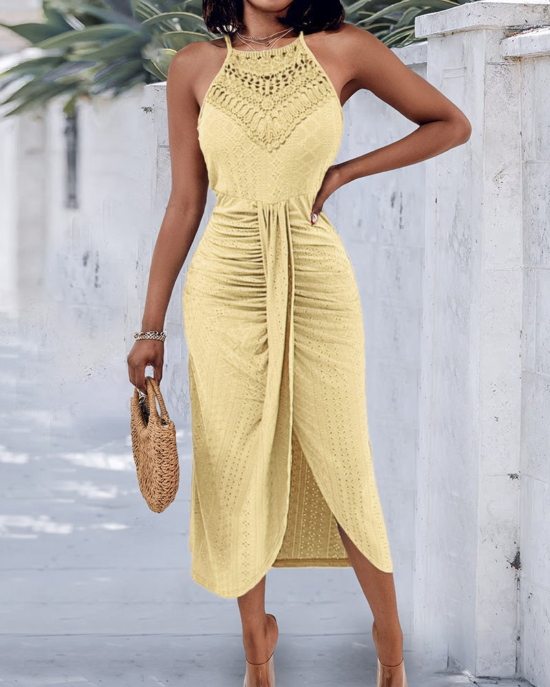 Adjustable Halter Hollow-out Back Ruched Front Slit Dress Guipure Lace Yoke Eyelet Embroidery Vacation Dress