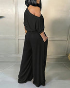 Skew Neck Batwing Sleeve High Waist Overalls Casual Short Sleeve Cinched Waist Wide Leg Jumpsuit