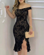 Women's Flock Floral Mesh Dress Off Shoulder Ruffle Hem Bodycon Dress Slit Evening Party Mermaid Gown