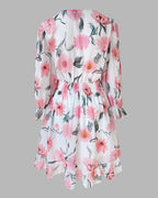 Floral Print Overlap Deep V-Neck Half Sleeve Shirred Waist A Line Dress Casual Flared Cuffs Ruffle Hem Chiffon Dress