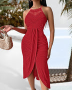 Adjustable Halter Hollow-out Back Ruched Front Slit Dress Guipure Lace Yoke Eyelet Embroidery Vacation Dress