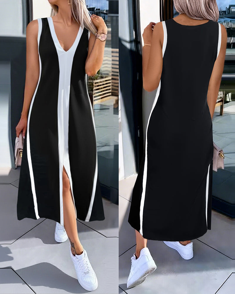 Colorblock Spliced Deep V-Neck Sleeveless Slit Front Dress Casual Loose Fit A Line Dress