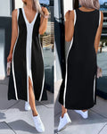 Colorblock Spliced Deep V-Neck Sleeveless Slit Front Dress Casual Loose Fit A Line Dress