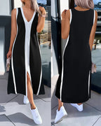Colorblock Spliced Deep V-Neck Sleeveless Slit Front Dress Casual Loose Fit A Line Dress