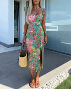 Women's Floral Sweetheart Neck Mid-length Dress Flutter Sleeve High Slit Bodycon Summer Vacation Dress