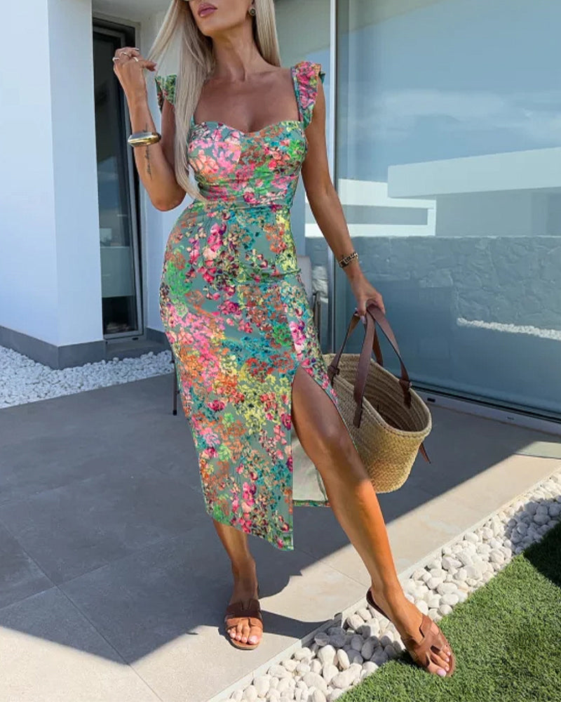 Women's Floral Sweetheart Neck Mid-length Dress Flutter Sleeve High Slit Bodycon Summer Vacation Dress