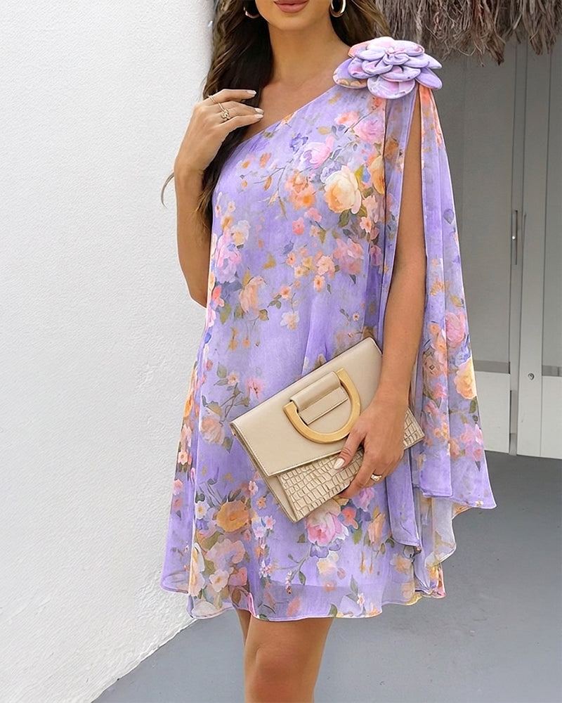 CHICME Women's Floral Print One-Shoulder Chiffon Dress 3D Floral Decor Split Sleeve Loose A-Line Mini Dress