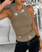 Rhinestone Decor O-neck Sleeveless Slim Fit Ribbed Tank Top