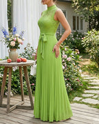 Mock Neck Sleeveless high Waist Pleated Maxi Dress Elegant Lace & Braided Spliced Zipper Back Evening Dress with Belt