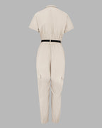Turn-down Collar Short Sleeve Zipper Front Cuffed Short Jumpsuit Casual Pocket Design Cargo Romper with Belt