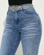 Rhinestone Decor High Waist Zipper Fly Skinny Jeans Washed Denim Pants without Belt