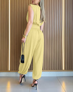 Padded Shoulders Sleeveless Cinched Waist Side High Slit Overalls Casual Hollow-out Back Ruched Jumpsuit