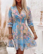 CHICME Women's Watercolor Floral Chiffon Dress Overlap V-Neck Shirred High Waist Vacation Dress A-Line Ruffle Hem Dress
