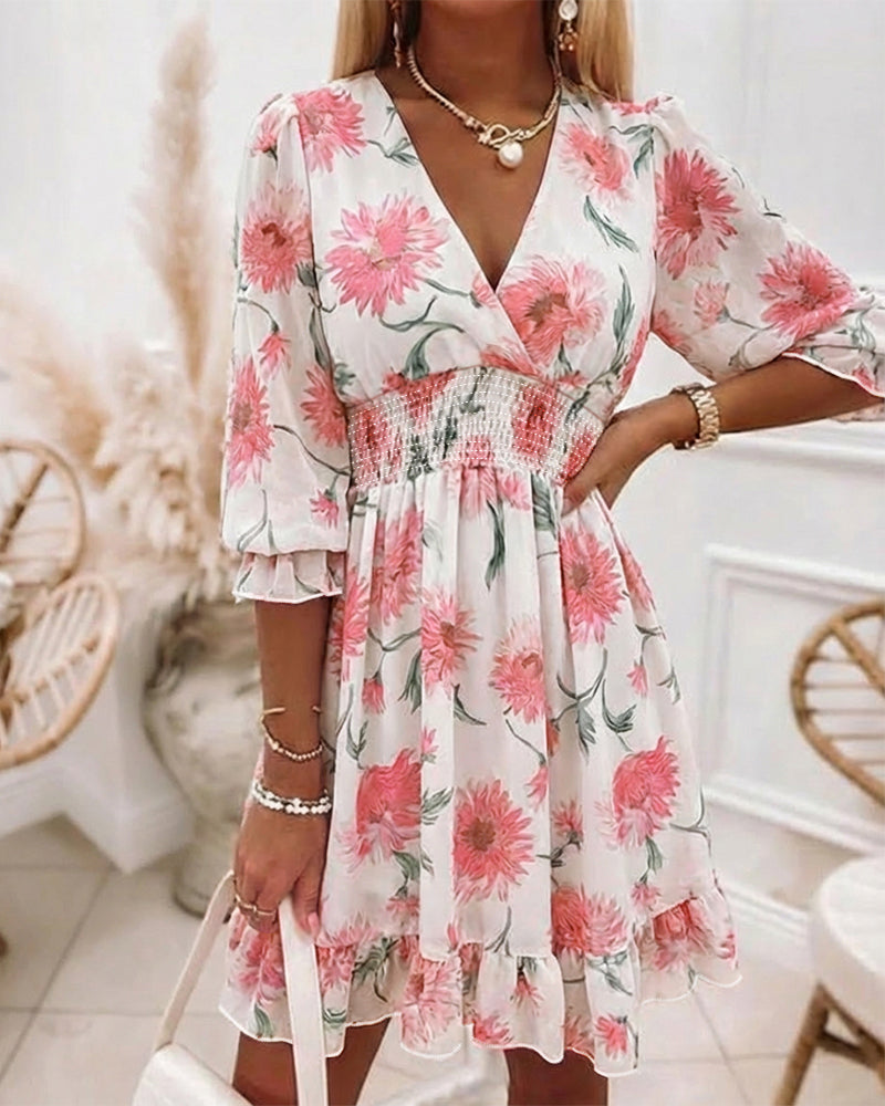 Floral Print Overlap Deep V-Neck Half Sleeve Shirred Waist A Line Dress Casual Flared Cuffs Ruffle Hem Chiffon Dress