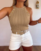 Women's Halter Neck Knit Tank Top Gold Button Cable Knit Vest Sleeveless Slim Fit Ribbed Top