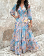 CHICME Women's Watercolor Floral V-Neck Shirred High Waist Maxi Dress Three Quarters Lantern Sleeve A-Line Ruffle Hem Chiffon Vacation Dress