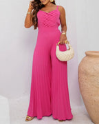 Pleated Design V Neck Adjustable Spaghetti Straps Cinched Waist Overalls Casual Pleated Flared Jumpsuit