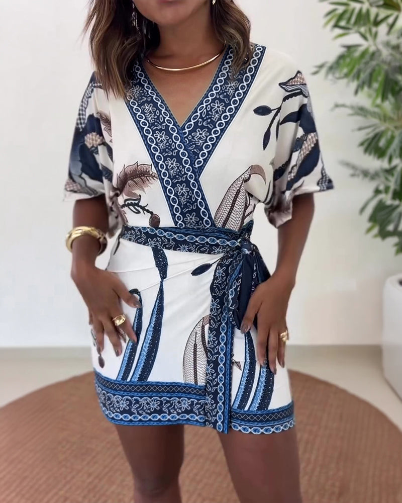Women's Tropical Print Romper V Neck Wrap Knot Side Jumpsuit Half Sleeve Beach Vacation Summer Skorts Romper